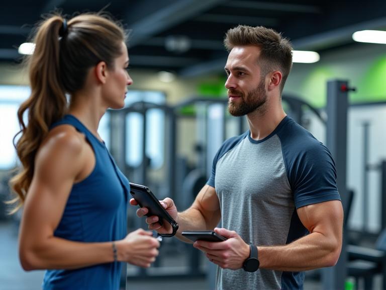 Coach sportif expliquant un programme personnalisé à un membre du gym à Lyon